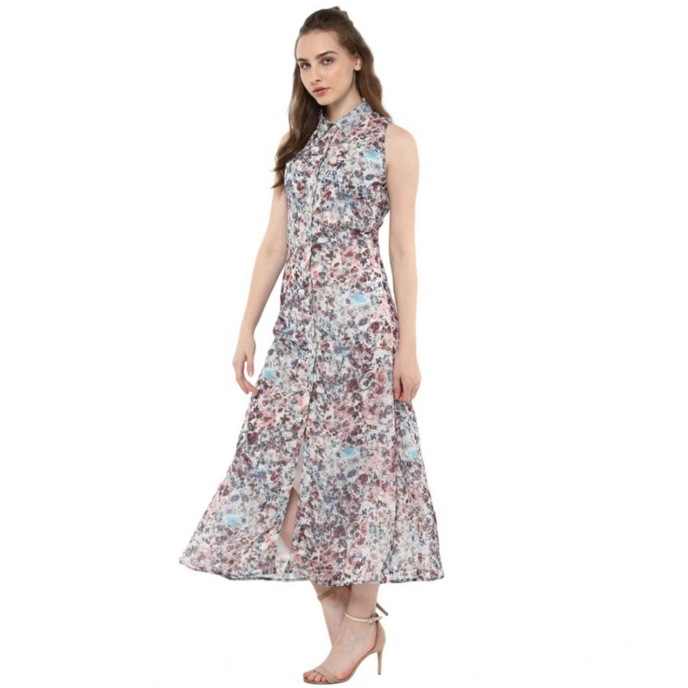 Indoraa Women's Polyester Chiffon Printed Sleeveless Dress (Multicolor)