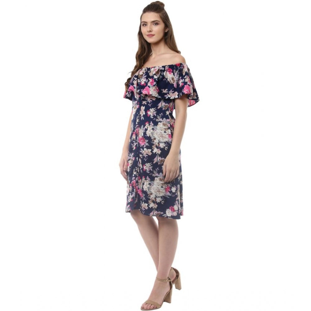 Indoraa Women's Polyester Crepe Floral Half Sleeve Above Knee Dress (Navy Blue)
