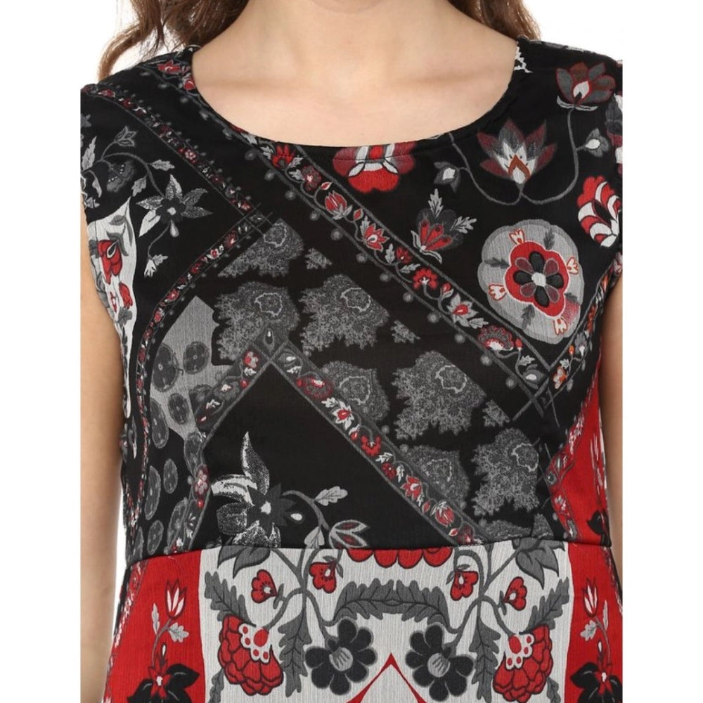 Indoraa Women's Polyester Printed Sleeveless Dress (Red - Black)