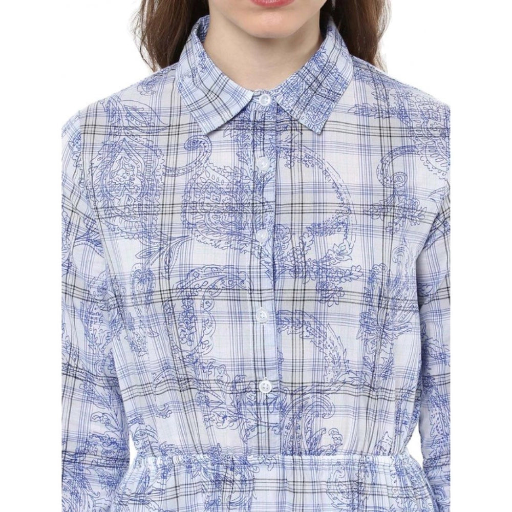Indoraa Women's Cotton Checkered Roll Up Sleeve Above Knee Dress (Blue)