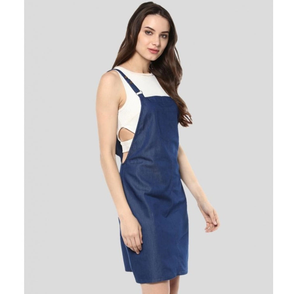 Indoraa Women's Denim Solid Shoulder Straps Above Knee Dress (Blue)