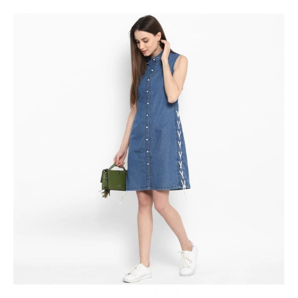 Indoraa Women's Denim Solid Sleeveless Above Knee Dress (Blue)