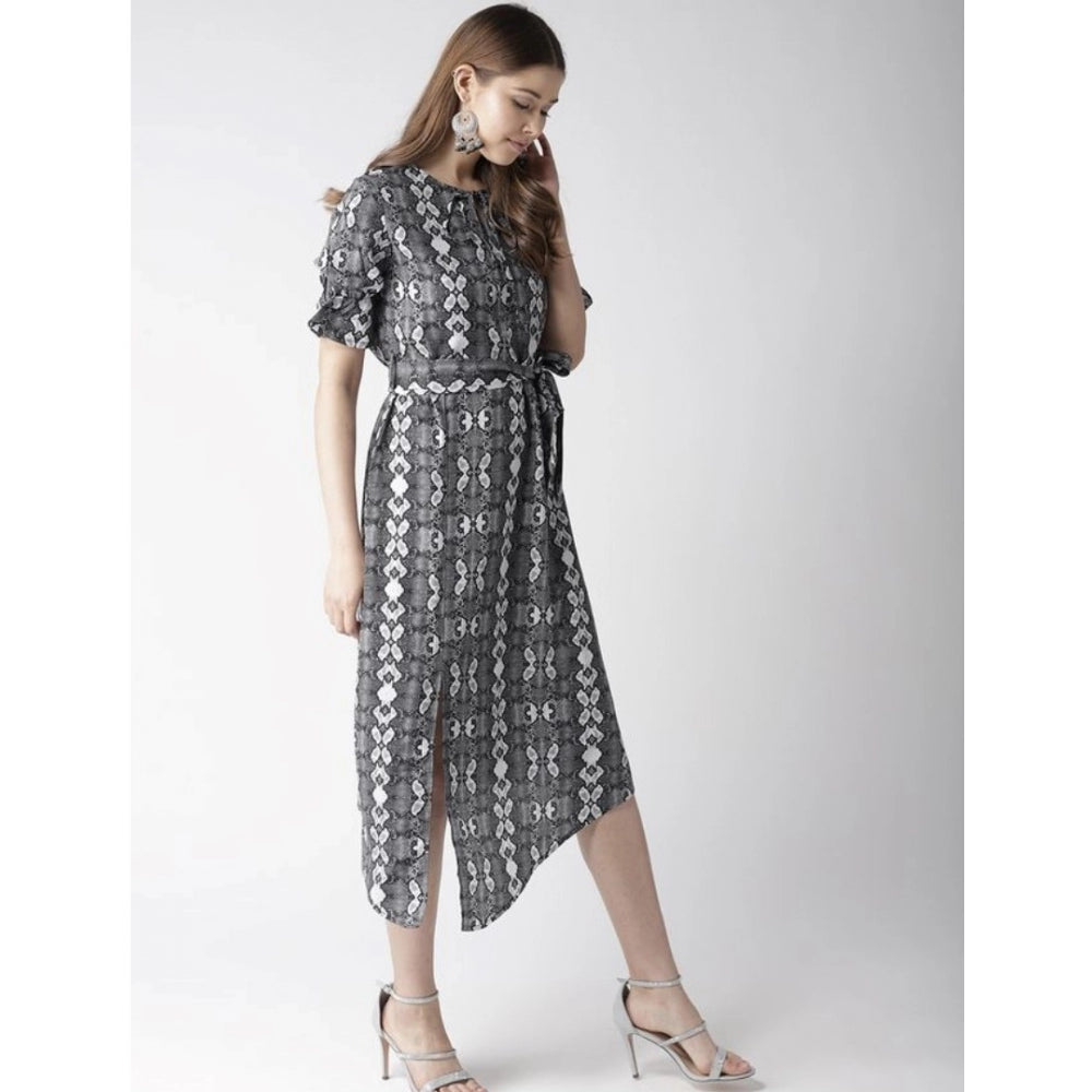 Indoraa Women's Polyester Animal Print Short Sleeve Knee-Length Dress (Black - White)