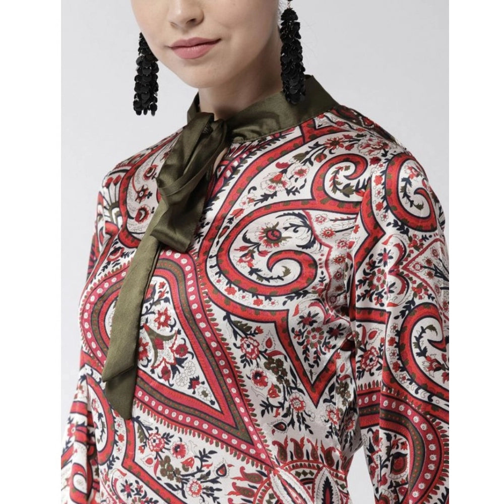 Indoraa Women's Polyester Printed Long Sleeves Above Knee Dress (Red)