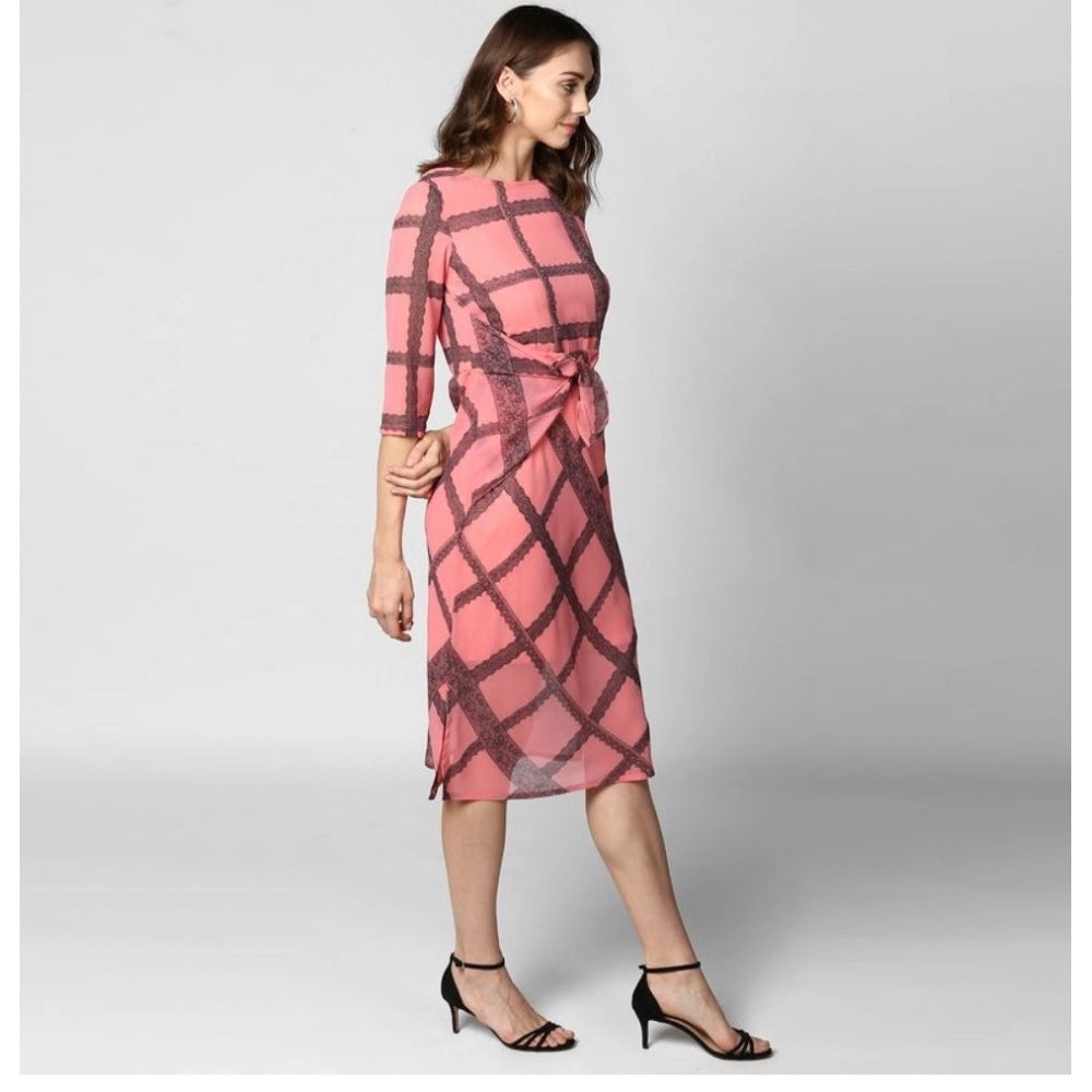 Indoraa Women's Polyester Checkered 3-4th Sleeves Below Knee Dress (Pink - Black)