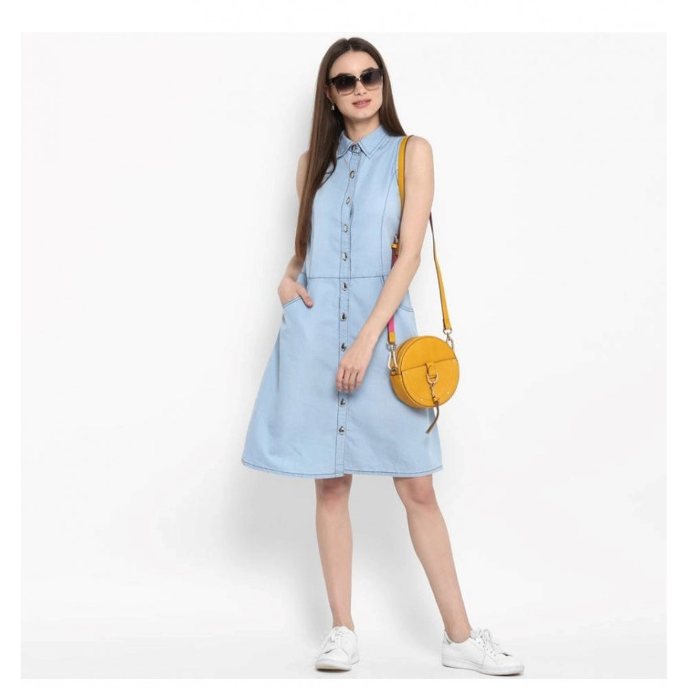 Indoraa Women's Denim Solid Sleeveless Below Knee Dress (Blue)