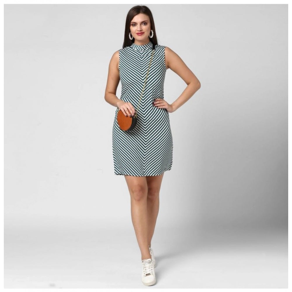 Indoraa Women's Polyester Striped Sleeveless Above Knee Dress (Green)