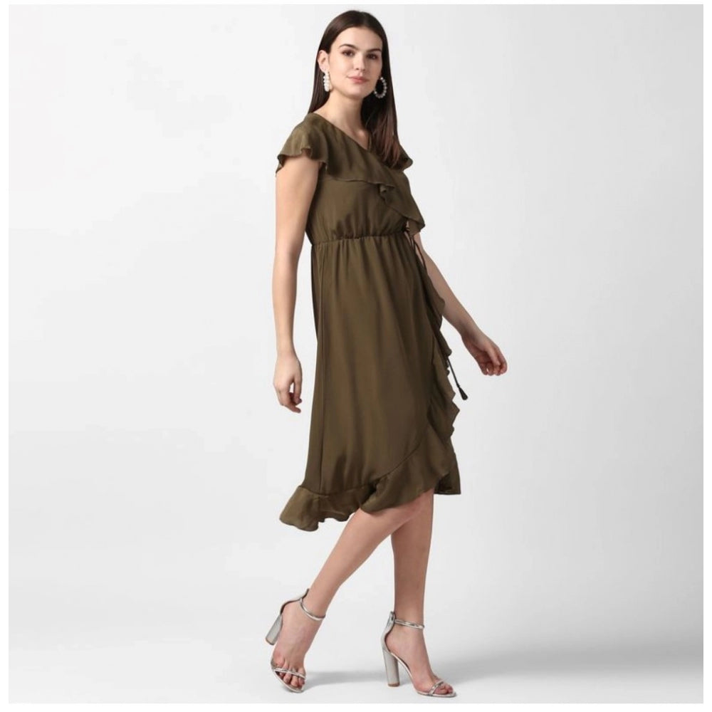 Indoraa Women's Polyester Ruffled Cap Sleeve Knee-Length Dress (Olive)