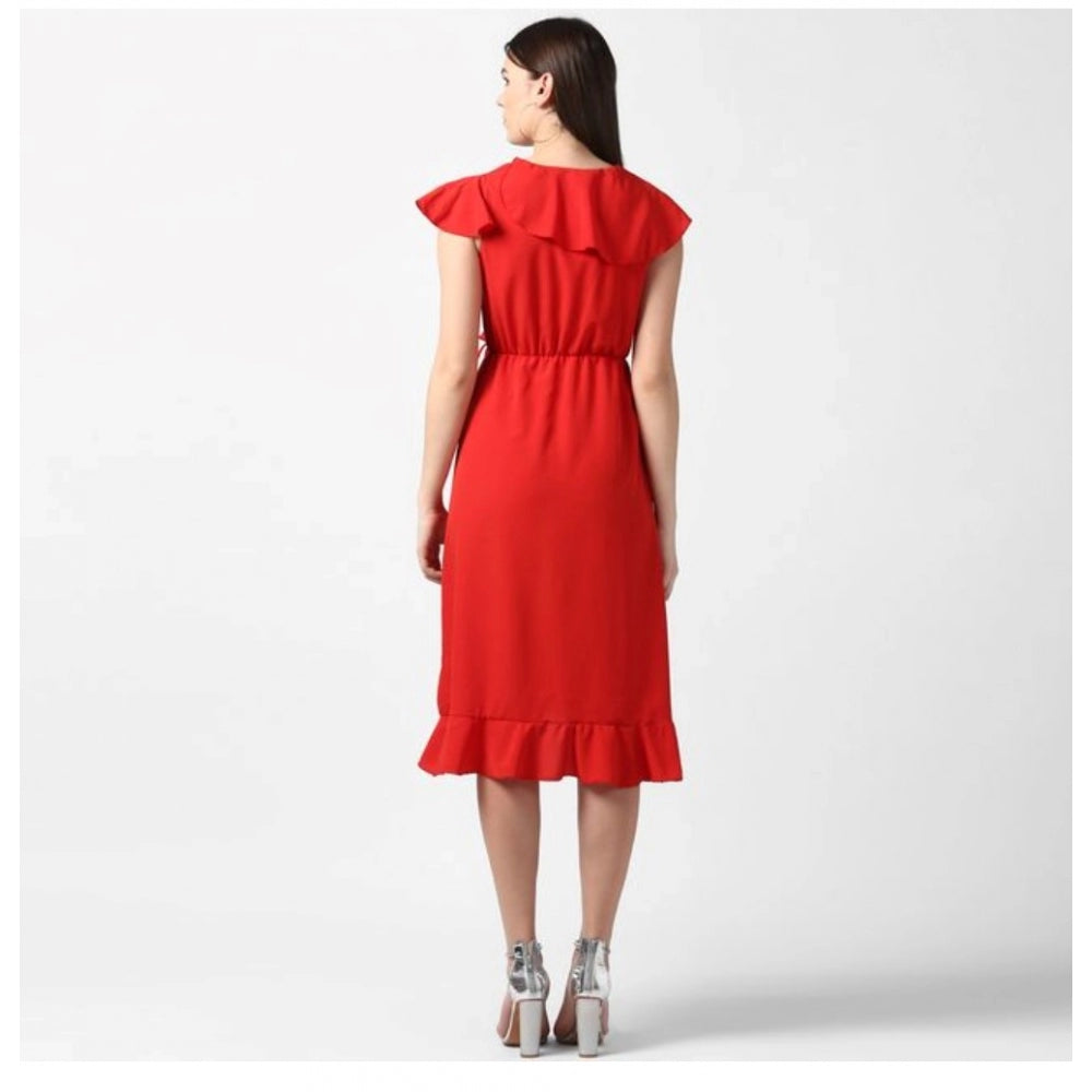 Indoraa Women's Polyester Ruffled Cap Sleeve Knee-Length Dress (Red)