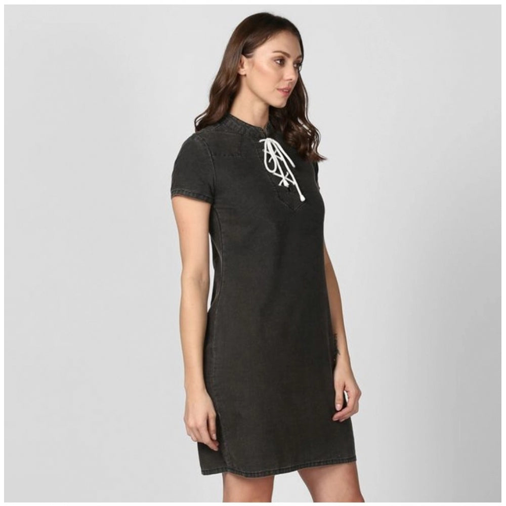 Indoraa Women's Denim Solid Short Sleeve Above Knee Dress (Black)