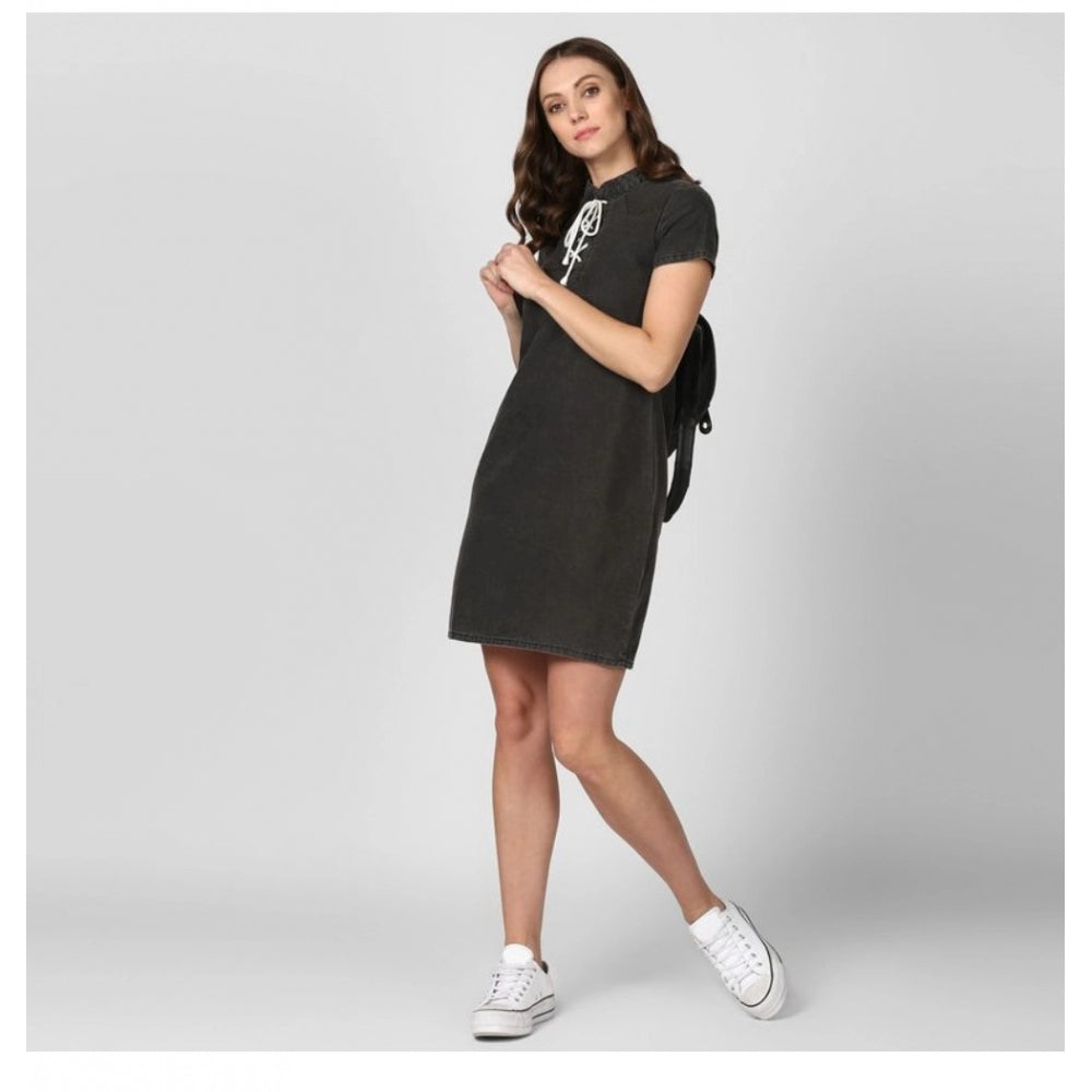 Indoraa Women's Denim Solid Short Sleeve Above Knee Dress (Black)
