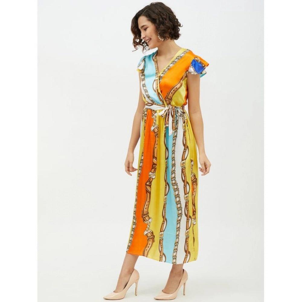 Indoraa Women's Satin Chain Print Cap Sleeve Calf-length Dress (Multicolor)