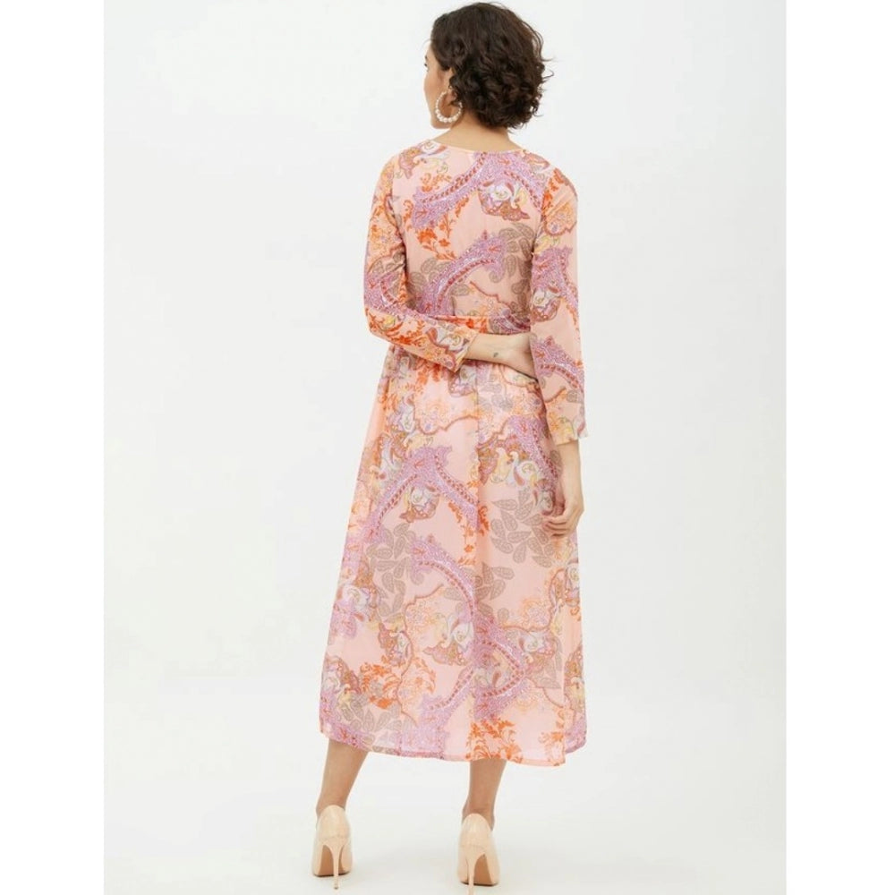 Indoraa Women's Polyester Printed Long Sleeves Calf-length Dress (Multicolor)