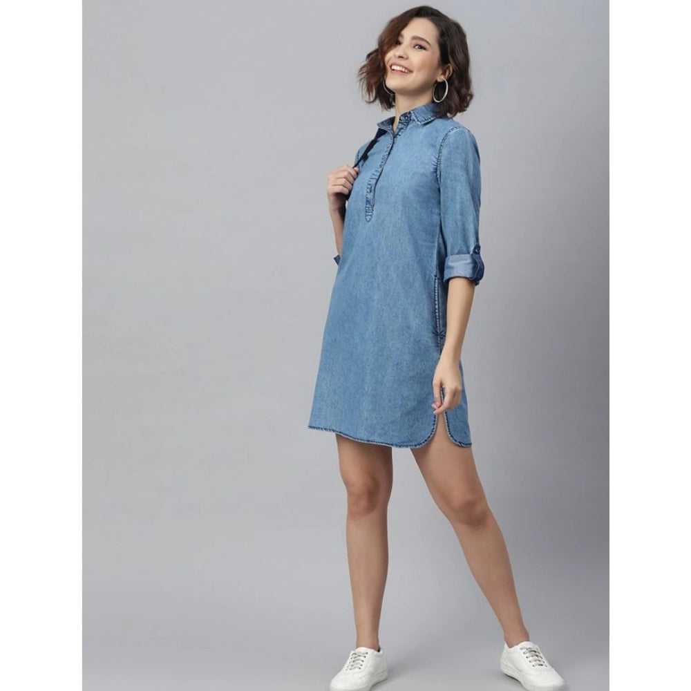 Indoraa Women's Denim Solid Long Sleeves Above Knee Dress (Ice Blue)
