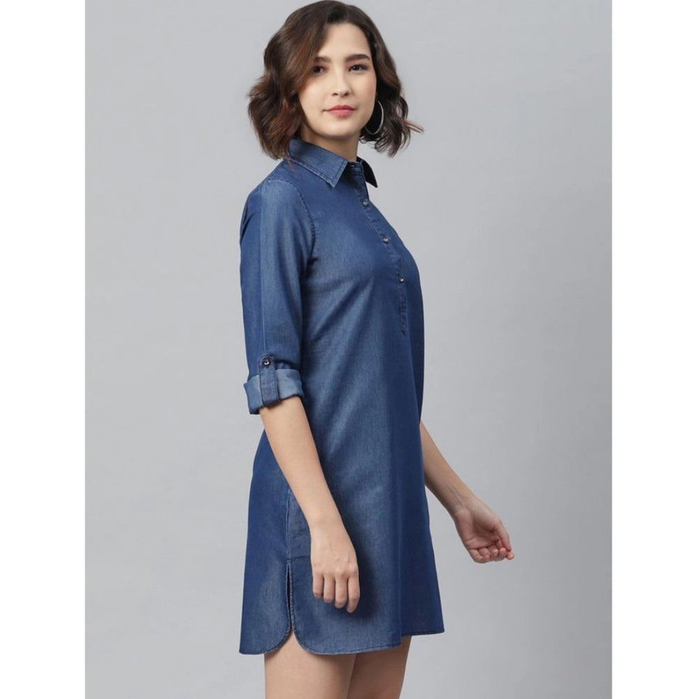 Indoraa Women's Denim Solid Long Sleeves Above Knee Dress (Navy Blue)