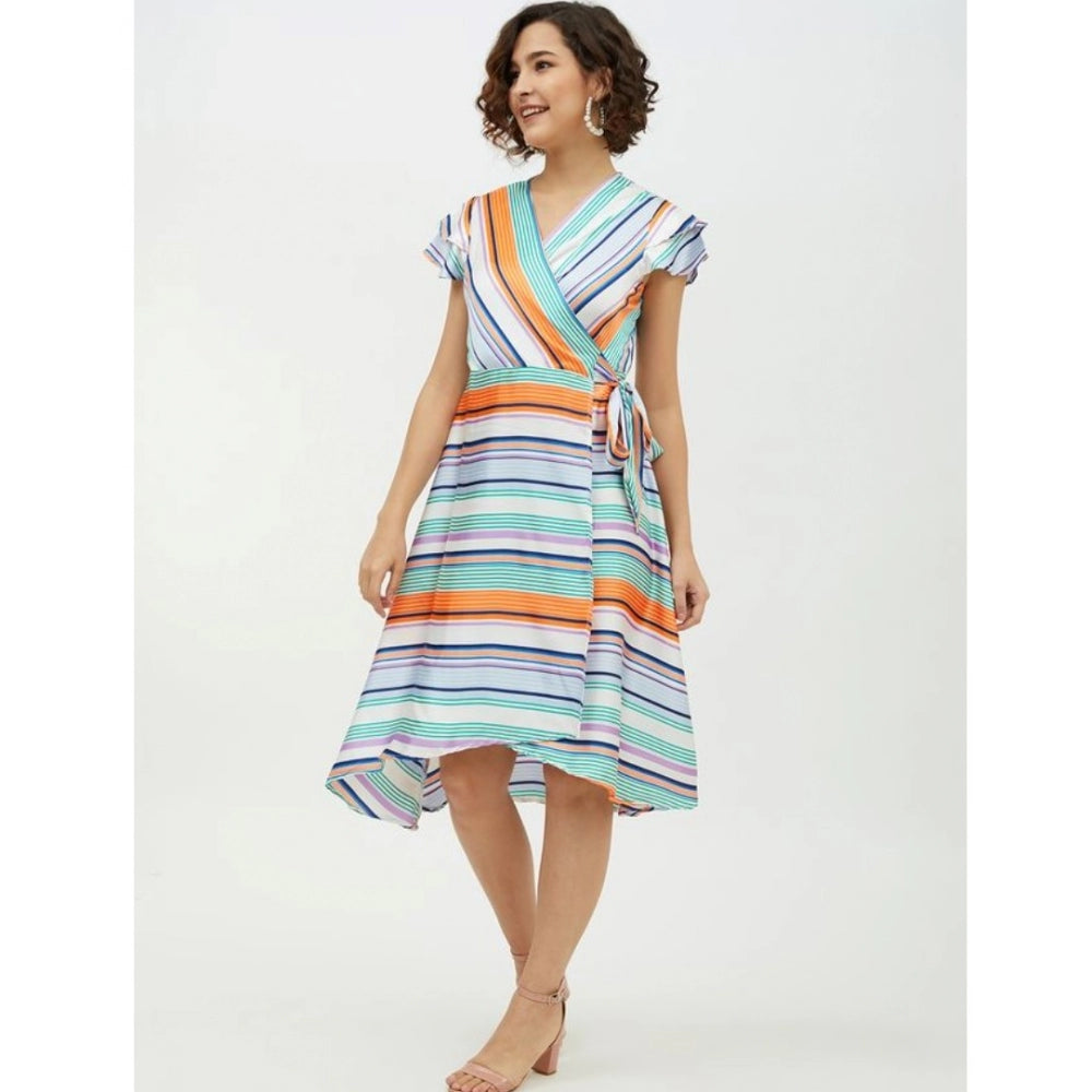 Indoraa Women's Satin Striped Short Sleeve Knee-Length Dress (Multicolor)