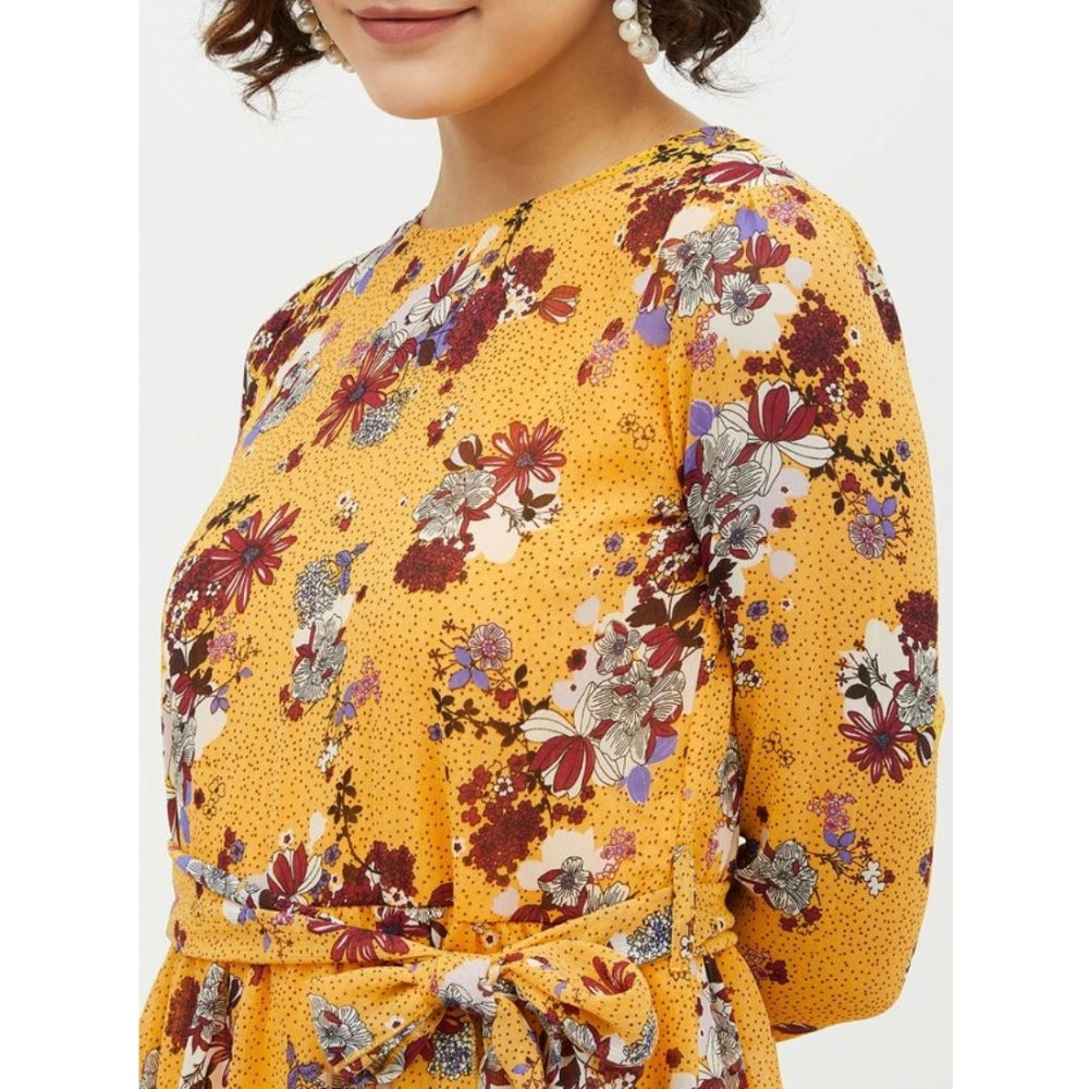 Indoraa Women's Polyester Floral Long Sleeves Calf-length Dress (Multicolor)