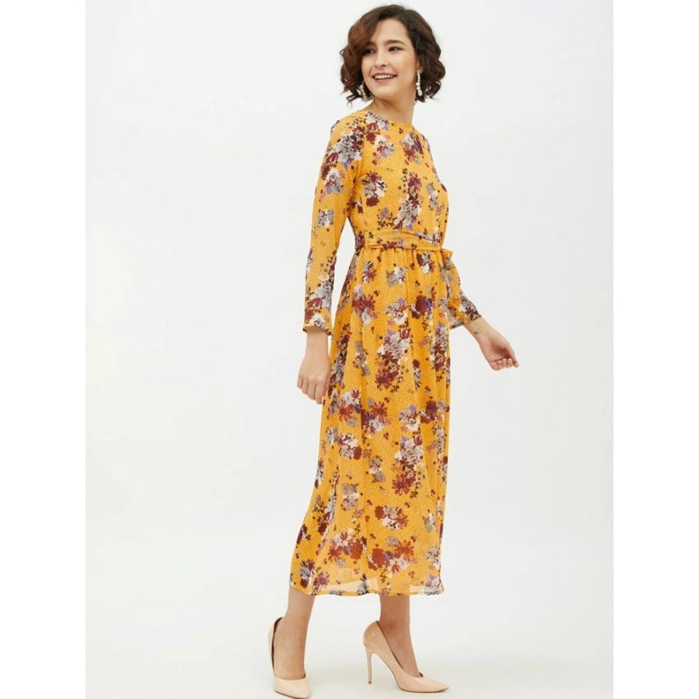 Indoraa Women's Polyester Floral Long Sleeves Calf-length Dress (Multicolor)
