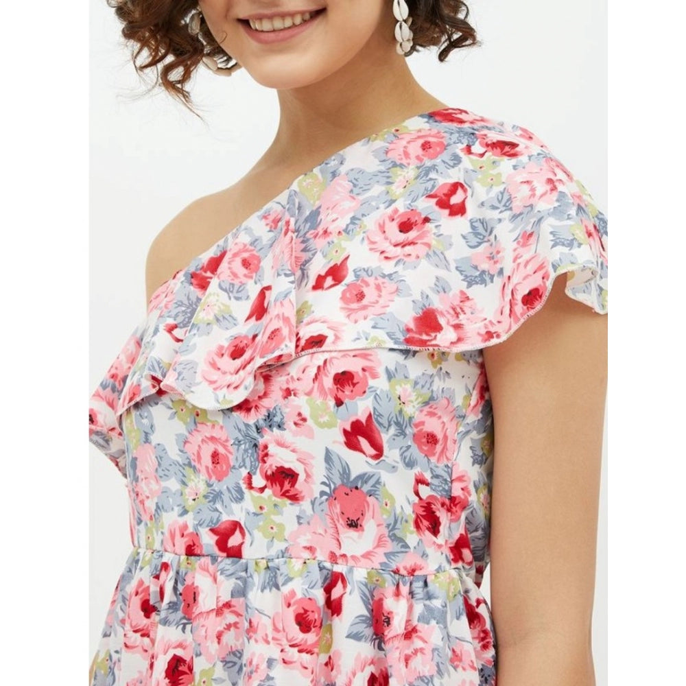 Indoraa Women's Polyester Floral One Shoulder Calf-length Dress (Multicolor)