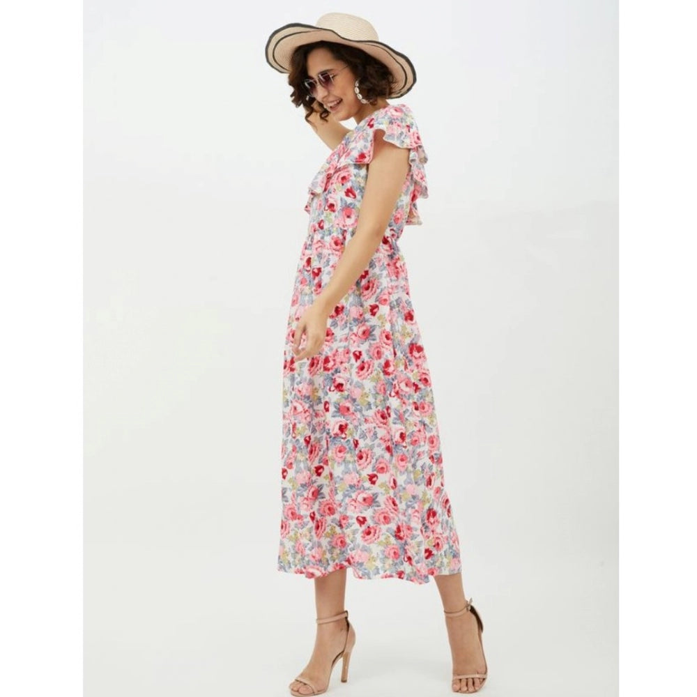 Indoraa Women's Polyester Floral One Shoulder Calf-length Dress (Multicolor)