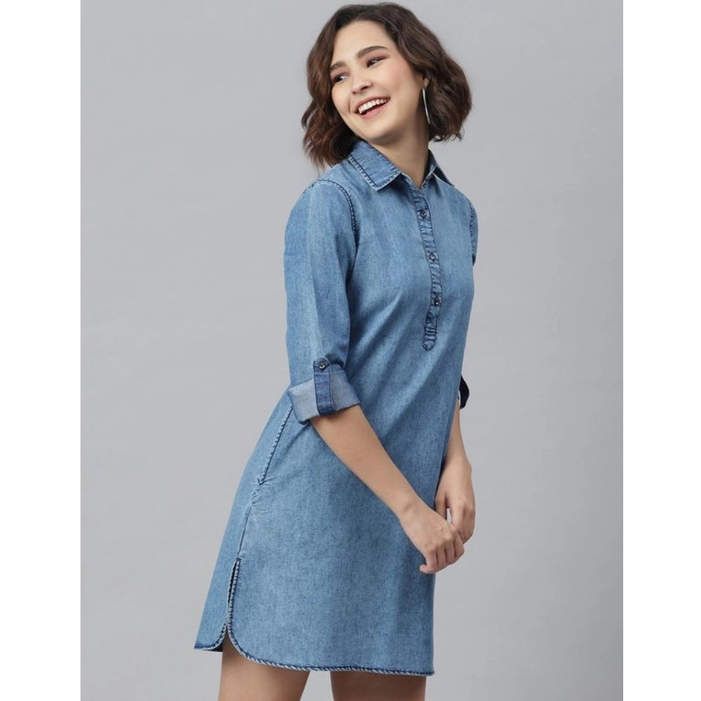 Indoraa Women's Denim Solid Long Sleeves Above Knee Dress (Ice Blue)