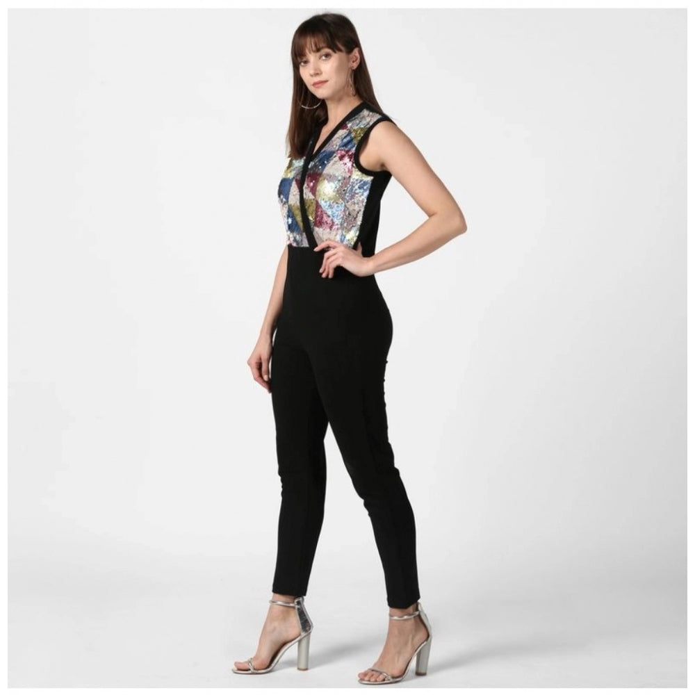 Indoraa Women's Polyester Embellished Sleeveless Jumpsuit (Black)