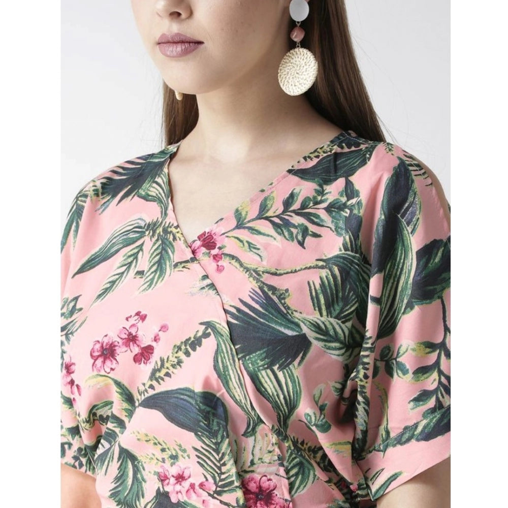 Indoraa Women's Polyester Floral Half Sleeve Jumpsuit (Pink)
