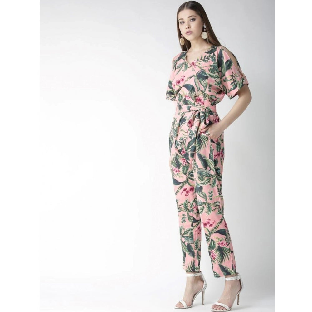 Indoraa Women's Polyester Floral Half Sleeve Jumpsuit (Pink)