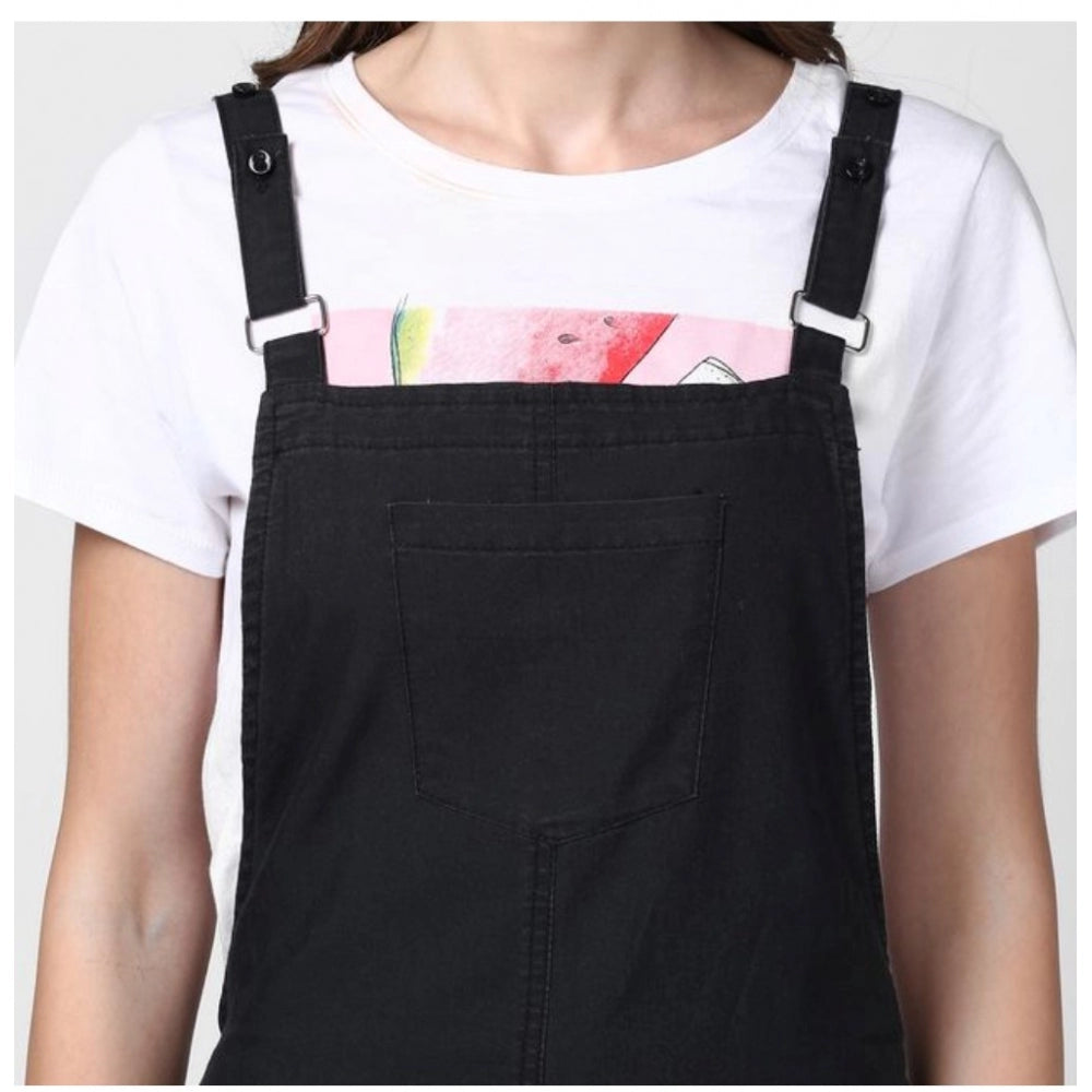 Indoraa Women's Denim Solid Shoulder Straps Above Knee Dungaree (Black)