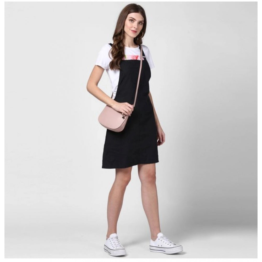 Indoraa Women's Denim Solid Shoulder Straps Above Knee Dungaree (Black)