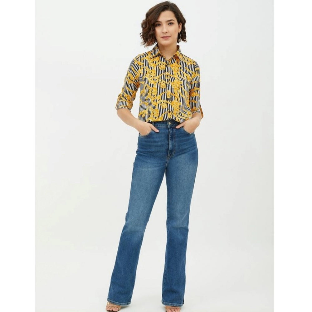 Indoraa Women's Polyester Printed Roll Up Sleeve Standard Length Shirt (Mustared)