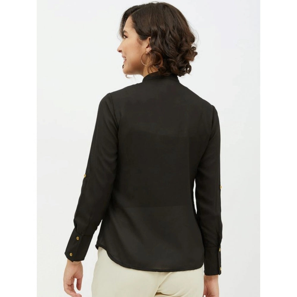 Indoraa Women's Polyester Ruffled Long Sleeves Standard Length Shirt (Black)