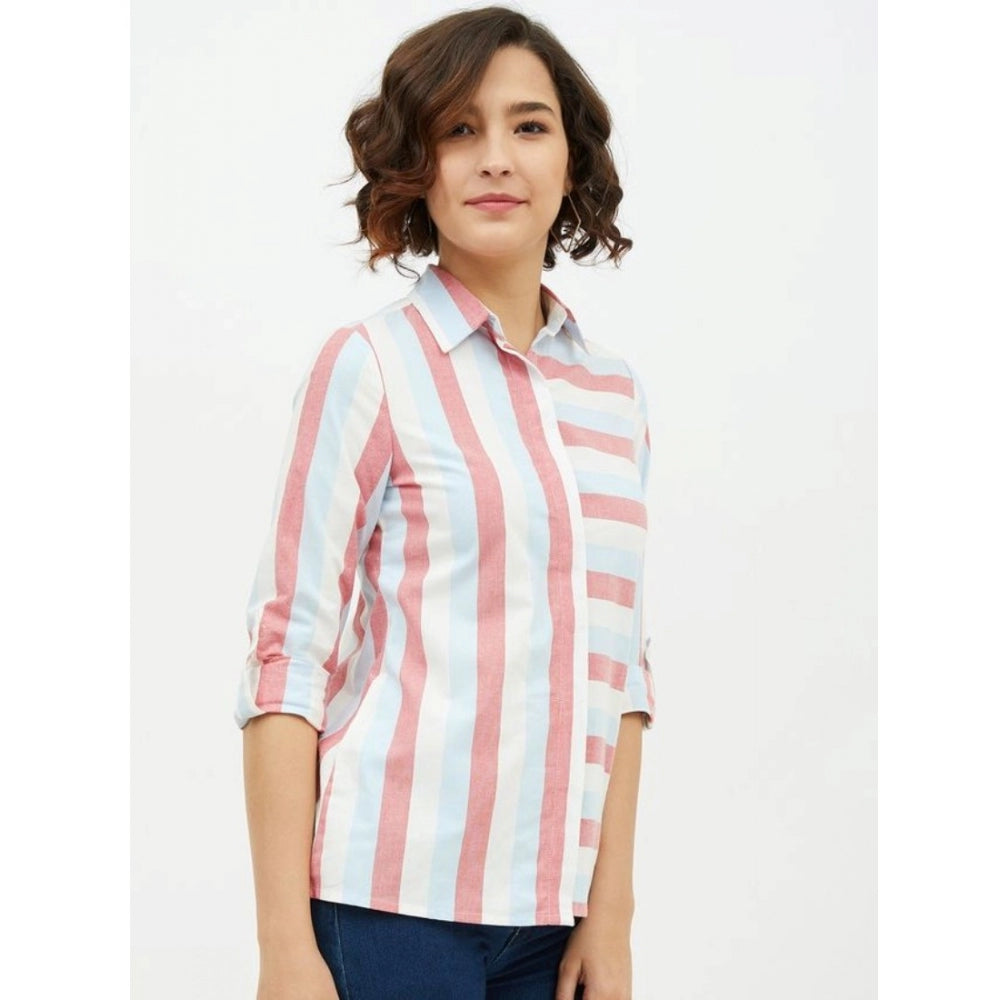 Indoraa Women's Cotton Striped Long Sleeves Standard Length Shirt (Pink)