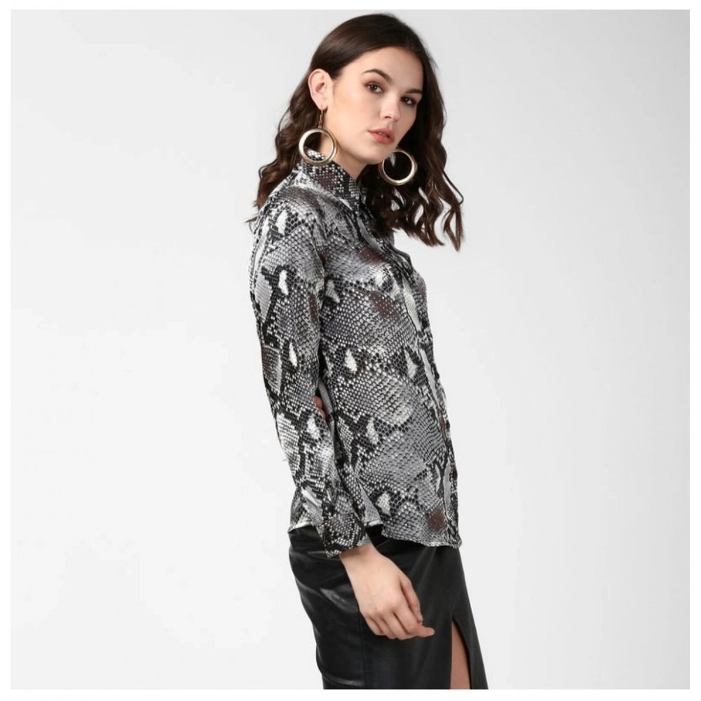 Indoraa Women's Satin Animal Print Long Sleeves Standard Length Shirt (Black - Grey)