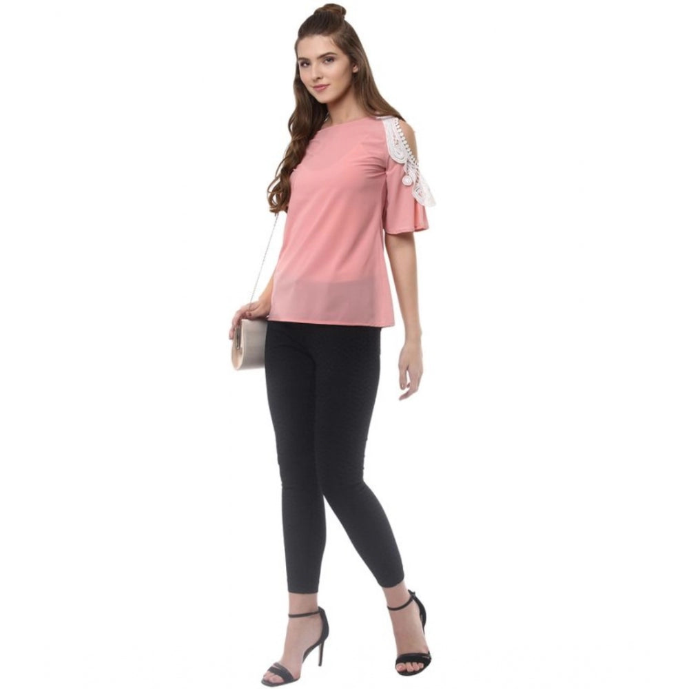 Indoraa Women's Polyester Lace Inserts Half Sleeve Top (Pink)