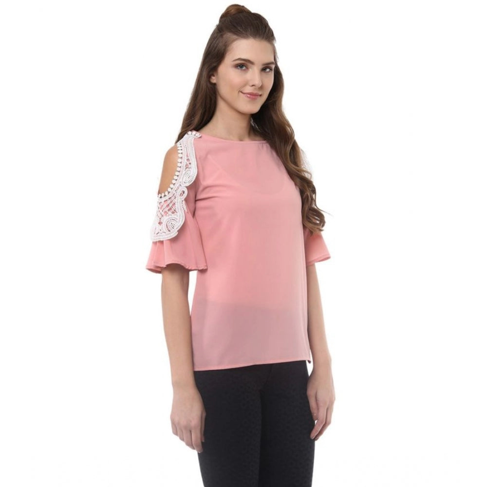 Indoraa Women's Polyester Lace Inserts Half Sleeve Top (Pink)