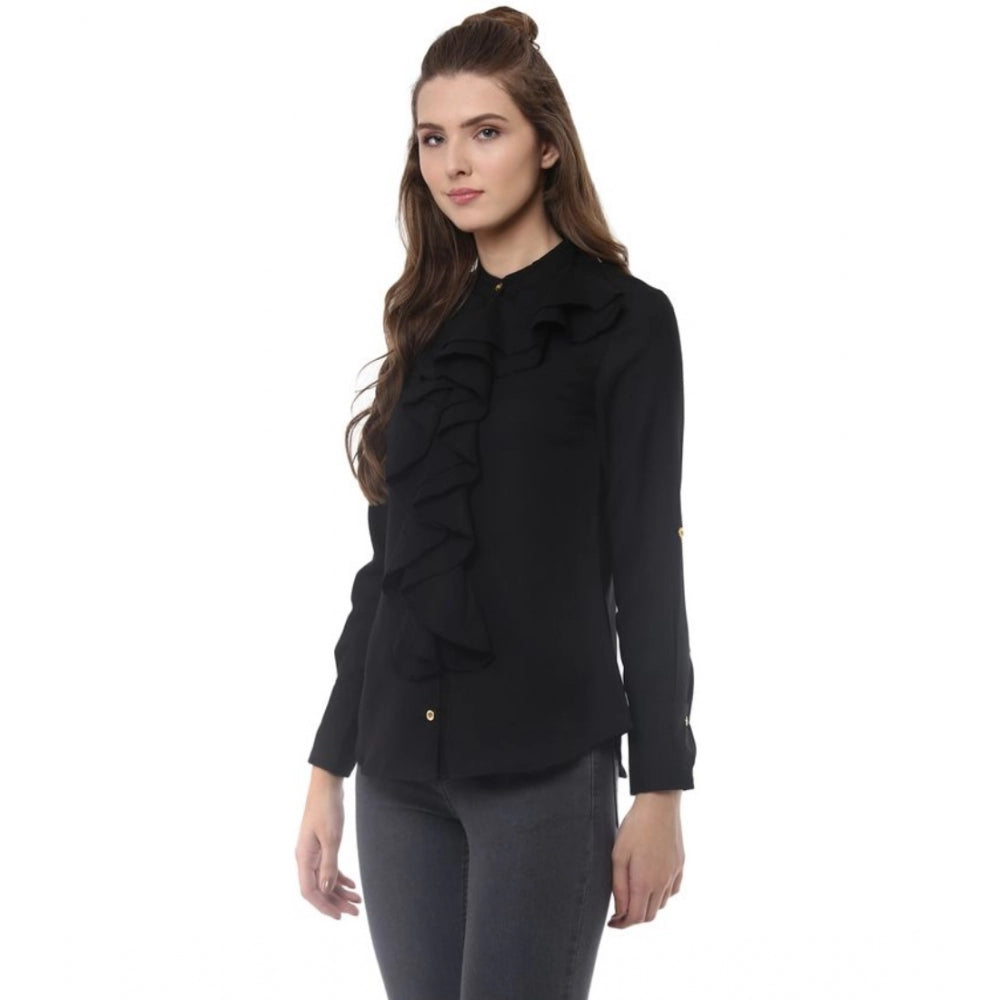 Indoraa Women's Polyester Ruffled Long Sleeves Top (Black)