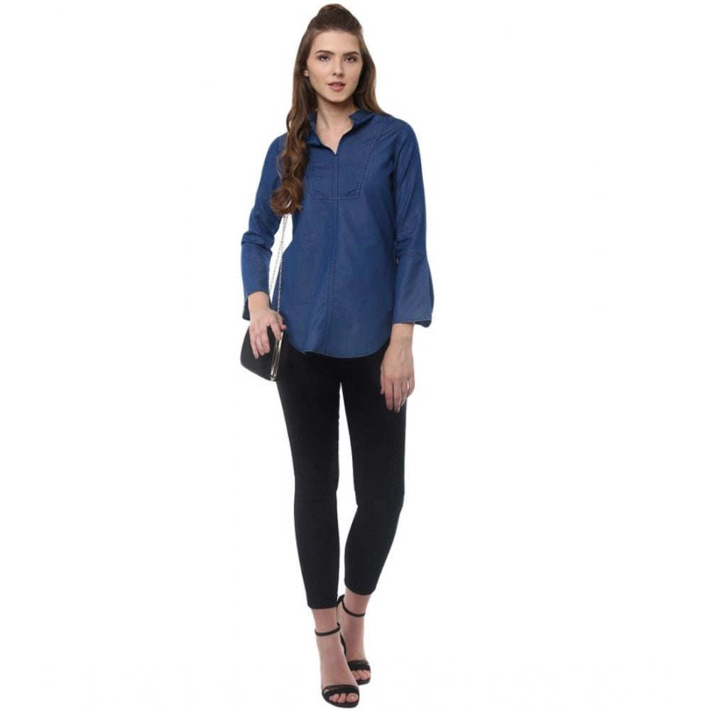 Indoraa Women's Denim Solid Bell Sleeve Regular Top (Blue Denim)