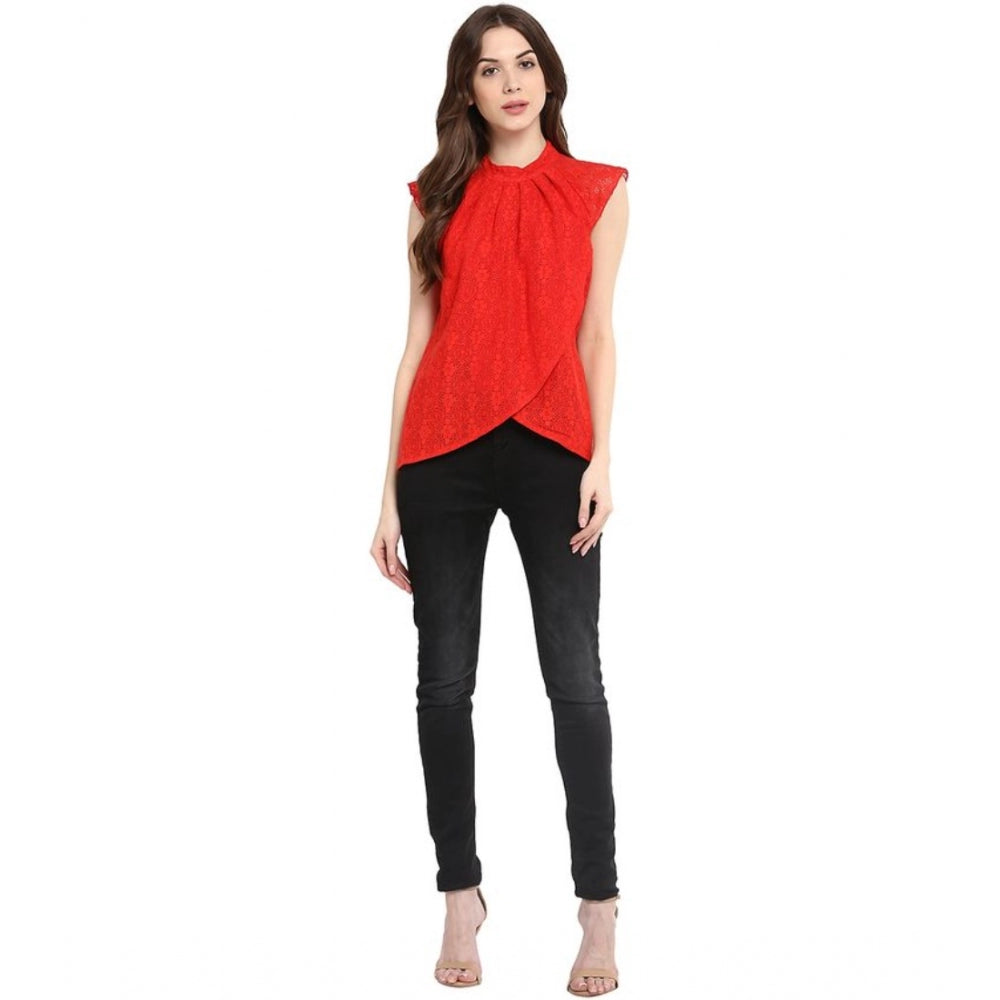 Indoraa Women's Cotton Lace Embellished Cap Sleeve Regular Top (Red)