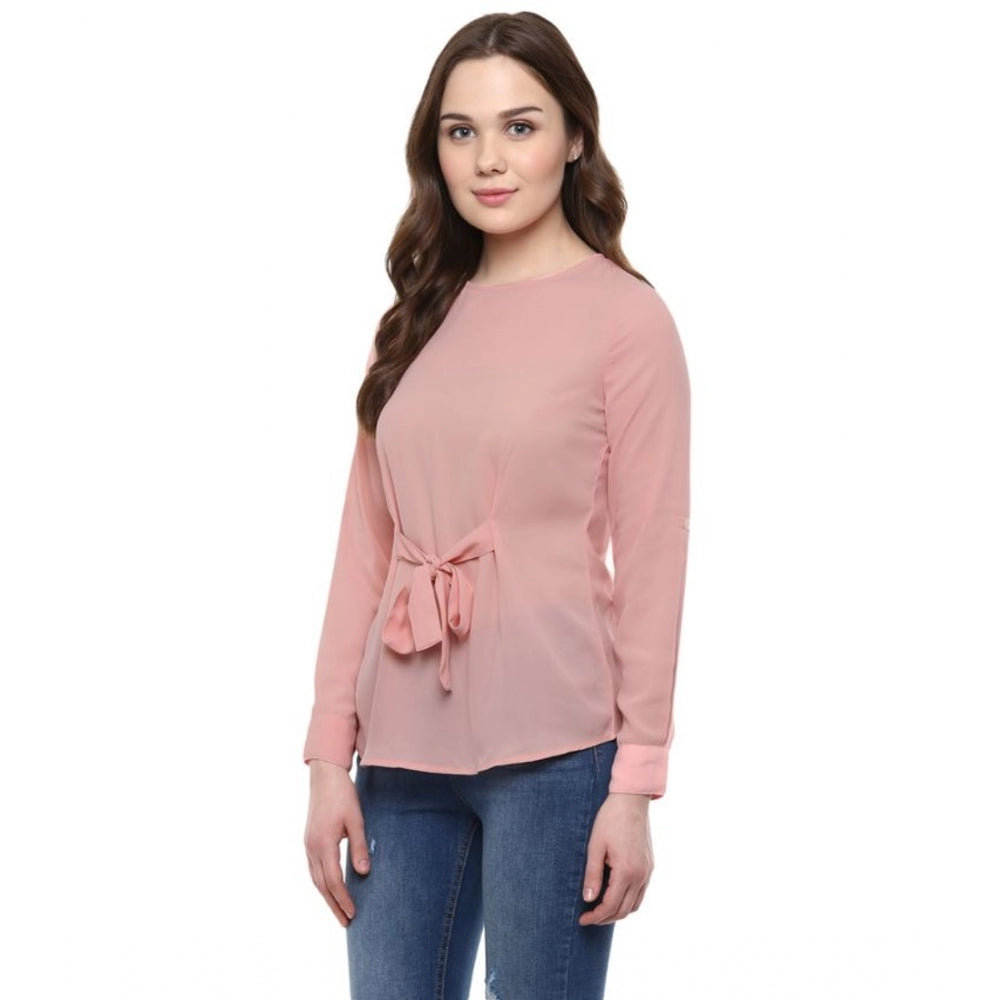 Indoraa Women's Polyester Solid Long Sleeves Regular Top (Pink)