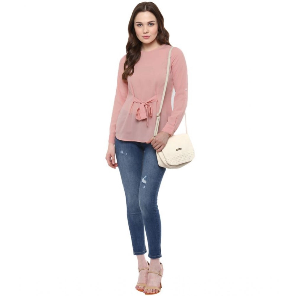 Indoraa Women's Polyester Solid Long Sleeves Regular Top (Pink)