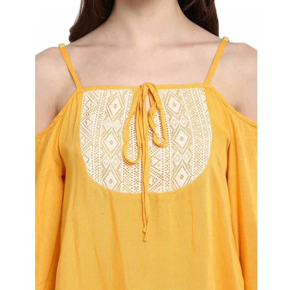 Indoraa Women's Rayon Embellished Cold Shoulder Regular Top (Mustard Yellow)