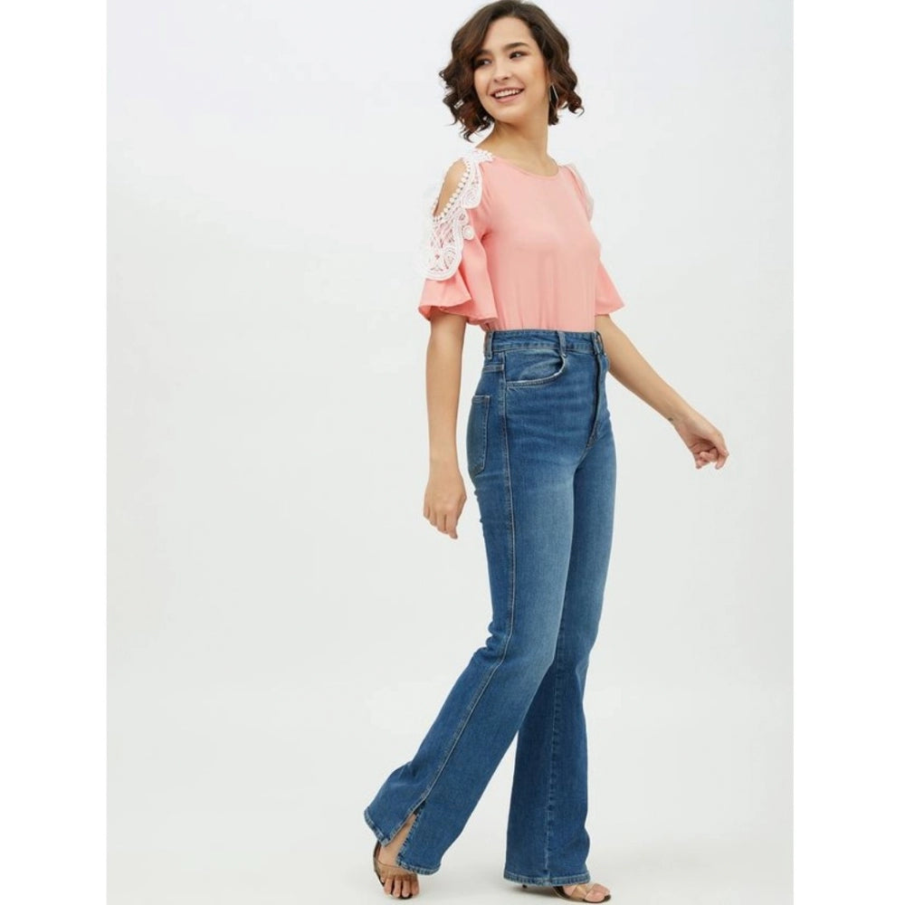 Indoraa Women's Polyester Lace Inserts Cold Shoulder Top (Pink)