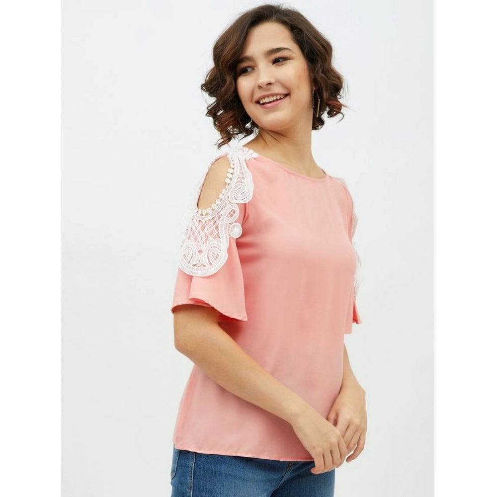 Indoraa Women's Polyester Lace Inserts Cold Shoulder Top (Pink)