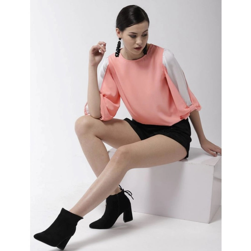 Indoraa Women's Polyester Colour Block Slit Sleeve Top (Pink)