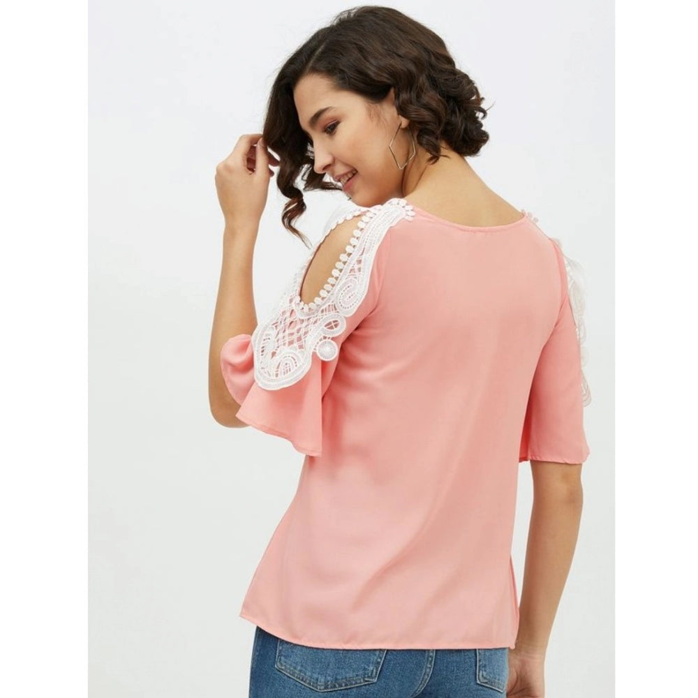 Indoraa Women's Polyester Lace Inserts Cold Shoulder Top (Pink)