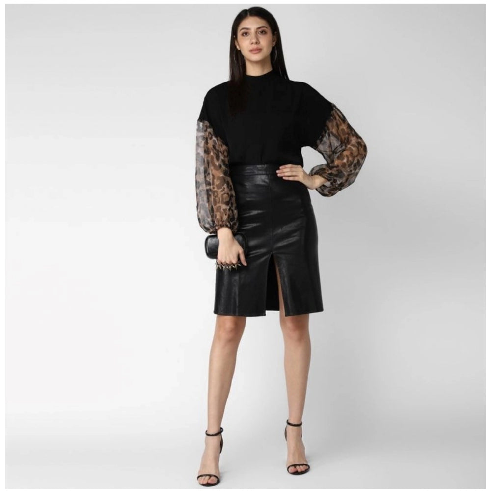 Indoraa Women's Polyester Animal Print Long Sleeves Top (Black)