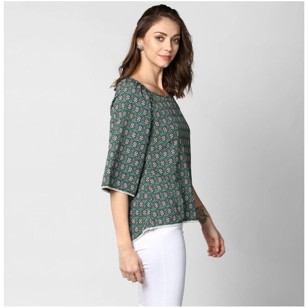 Indoraa Women's Polyester Printed 3-4th Sleeves Top (Green)