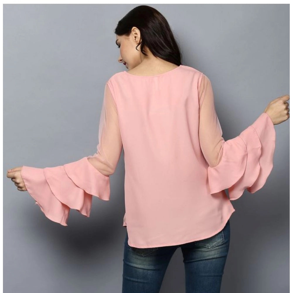 Indoraa Women's Polyester Solid Tier Sleeve Top (Pink)