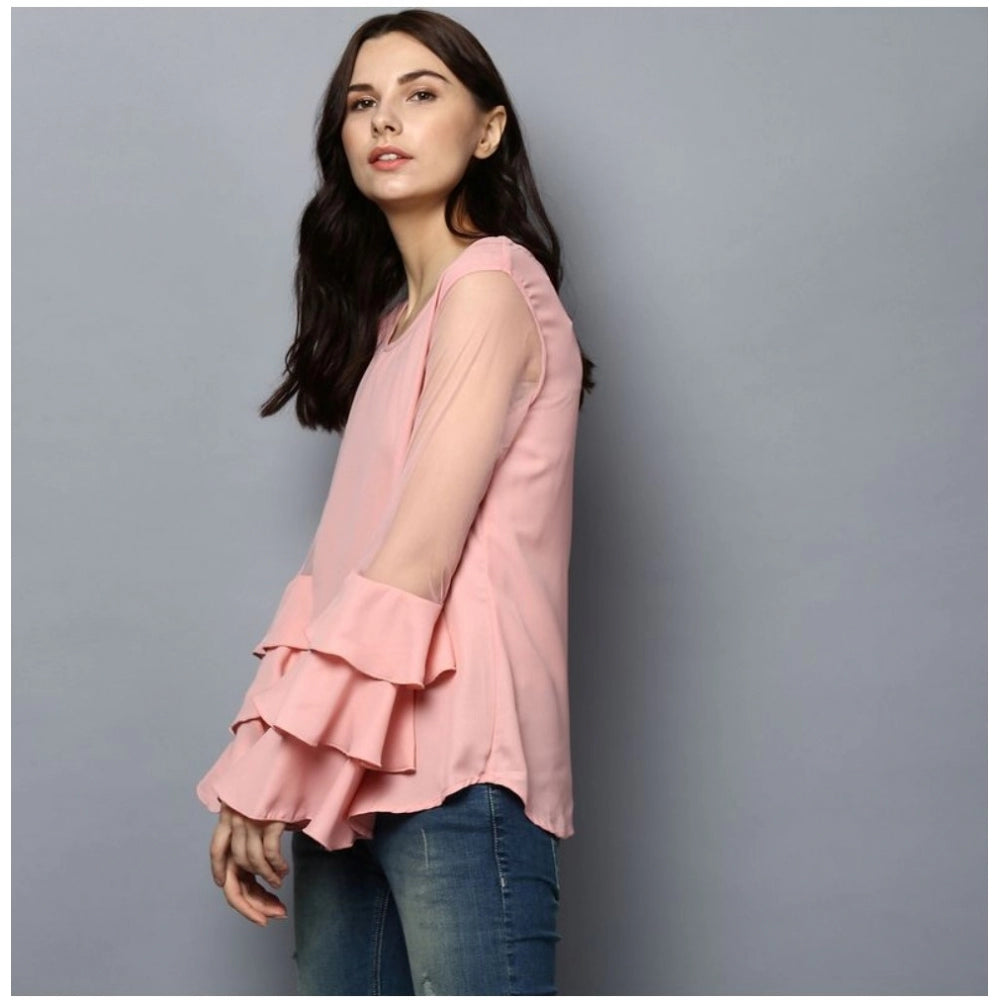Indoraa Women's Polyester Solid Tier Sleeve Top (Pink)